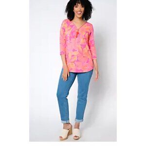 Kim Gravel Tropical Pink & Orange Floral Print Tunic Dress With Zipper Accent &